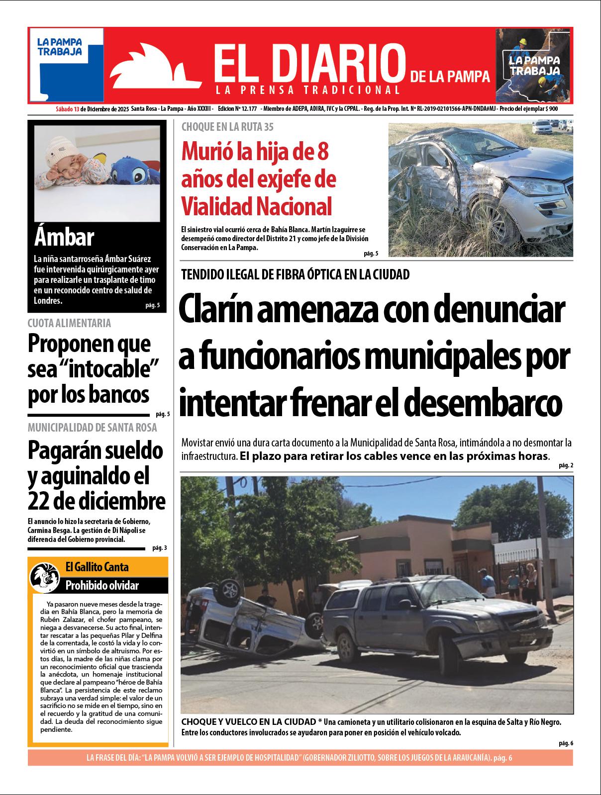 Tapa de El Diario en papel  saacutebado 13 de diciembre de 2025